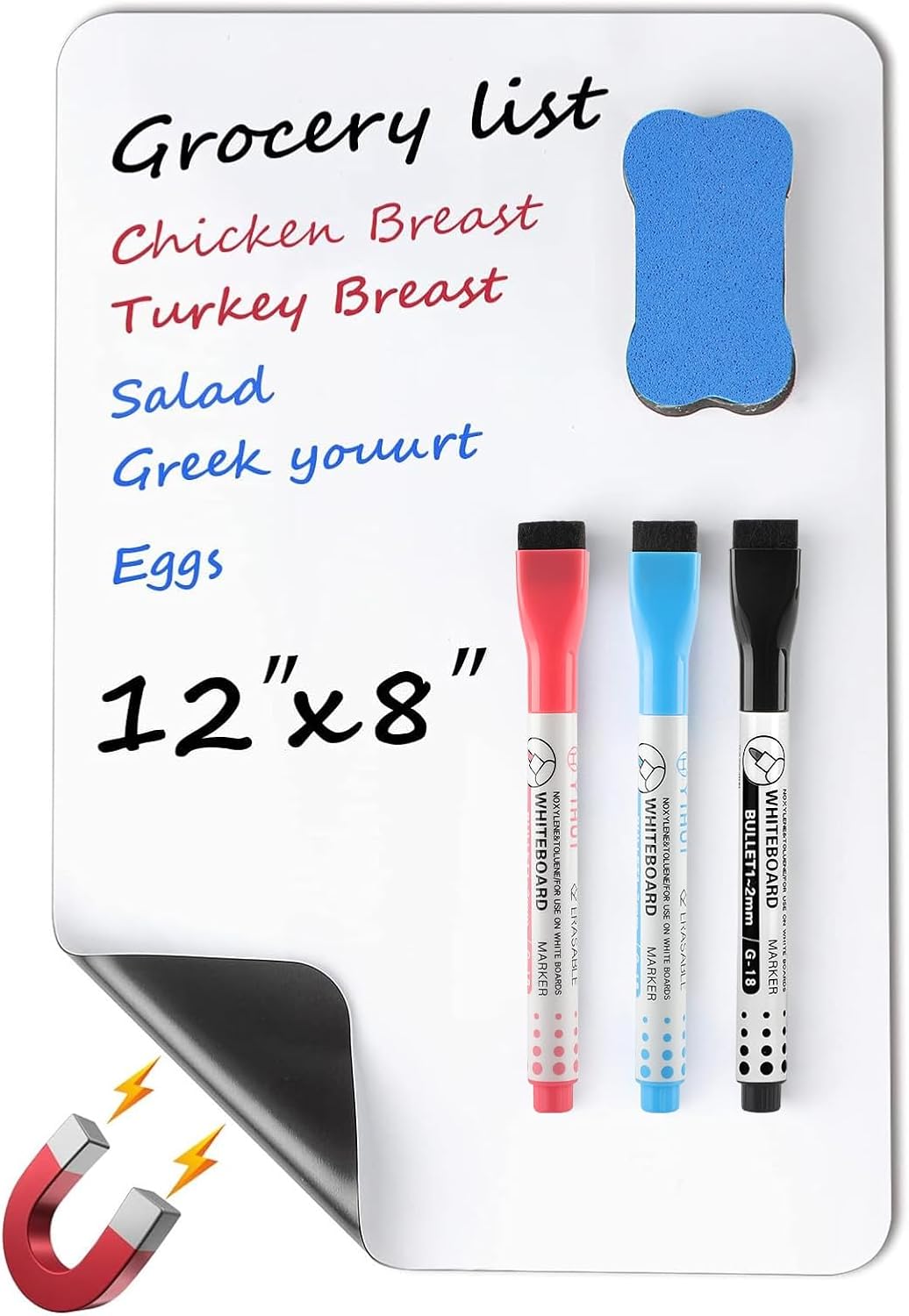 MaxGear Magnetic Dry Erase Board for Fridge, 12 x 8 Inch, Markers Included | Strong Magnetic Backing, Stain Resistant Surface, Easy to Write and Erase, Ideal For To-do Lists, Includes 3 Markers 1 Erase