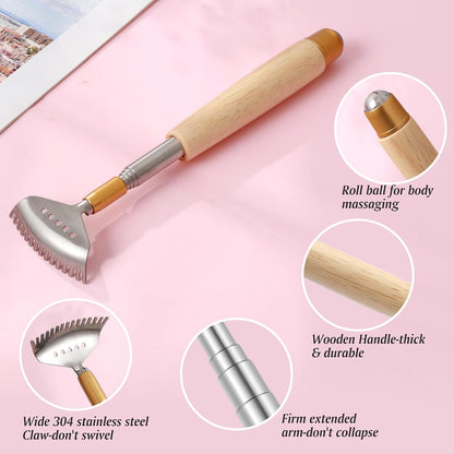 Large Back Scratcher, Body Scratcher for Adults Extendable Long 24Inch, Thick Wooden Handle Steel Massage Roller, Extra Wider Rake Claw, Sturdy Backscratchers Hand Massager Tool | Self Body Massage Tool