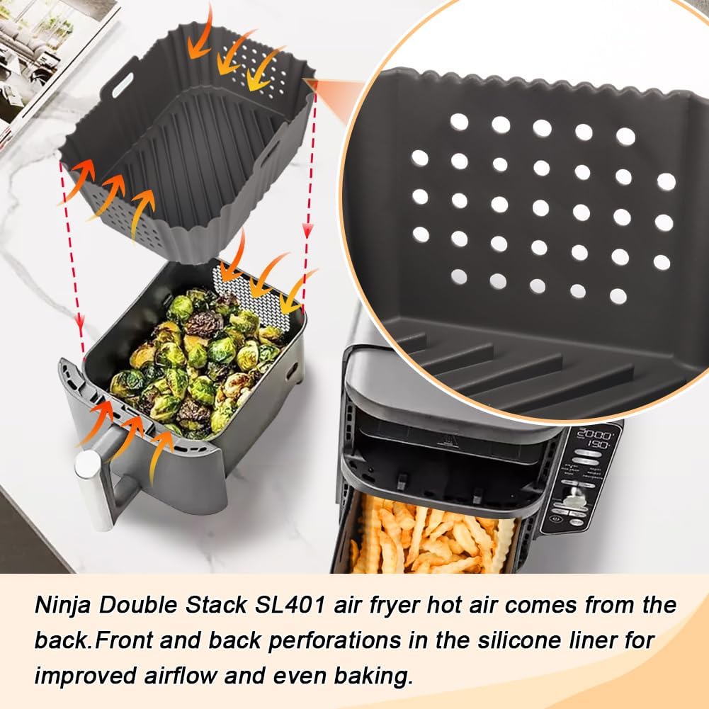 BYKITCHEN Silicone Air Fryer Liners for Ninja SL401 Double Stack 2 Basket Airfryer, Reusable Rectangle Perforated Silicone Liners for Dual Airfryer, Ninja DoubleStack XL Air Fryer Accessories