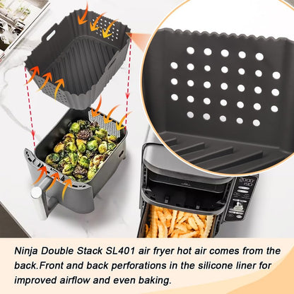 BYKITCHEN Silicone Air Fryer Liners for Ninja SL401 Double Stack 2 Basket Airfryer, Reusable Rectangle Perforated Silicone Liners for Dual Airfryer, Ninja DoubleStack XL Air Fryer Accessories