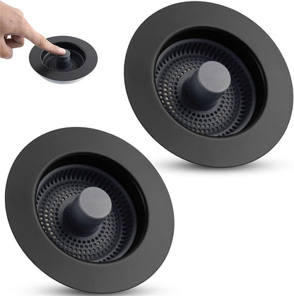 Universal 3 in 1 Kitchen Sink Drain Strainer Stopper Combo, Matte Black | Stainless Steel Shell Pop Up Sink Stopper for US Standard 3-1/2 inch Drain Filter, Anti-Clog and Easy Clean
