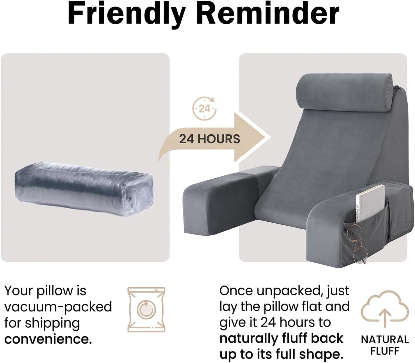 ENITYA 19" Reading Pillow for Bed with Firm Back Support & Big Pockets | Back Pillow for Bed Sitting Up/Watching TV/Nursing/Recovery/Gaming,High Density Foam,Machine Washable Cover,Light Grey