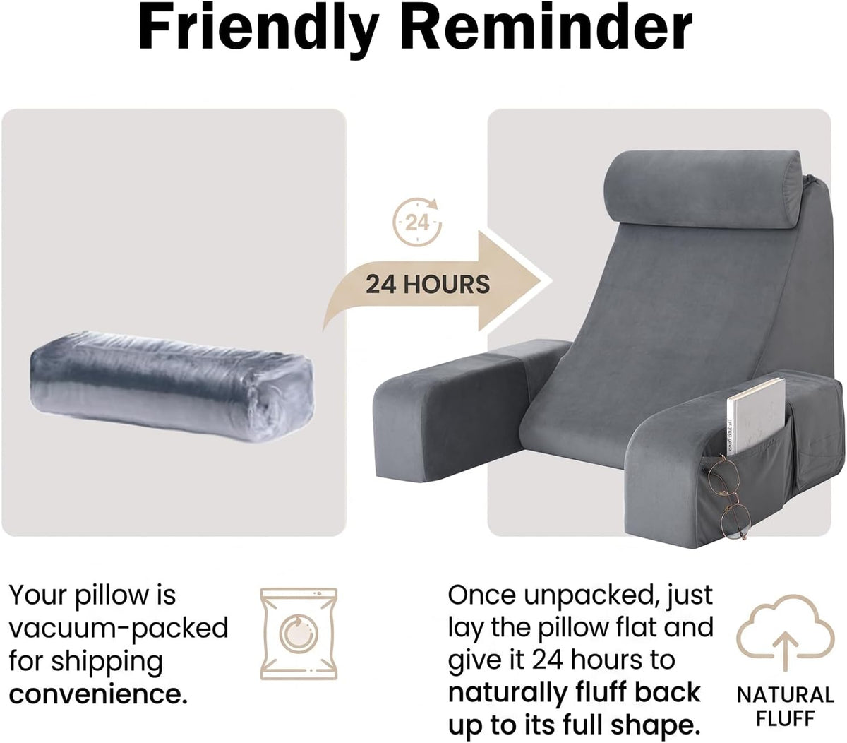 ENITYA 21" Reading Pillow for Bed with Firm Back Support & Big Pockets