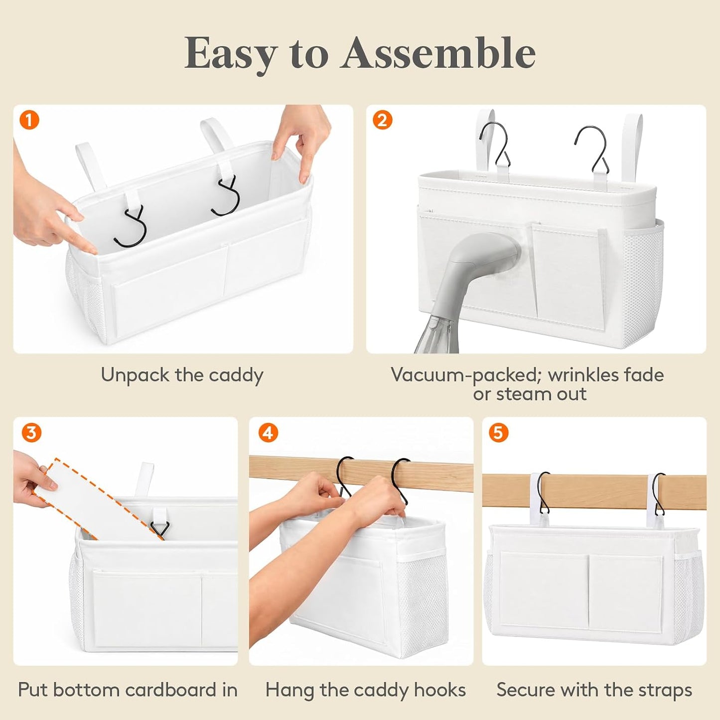 Lifewit Bedside Caddy Storage Organizer, Hanging Storage Bag with Fixed Straps, Book Remotes Holder for Home, College, Dorm, Bunk, Hospital, Crib Bed Rails, White
