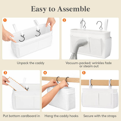 Lifewit Bedside Caddy Storage Organizer, Hanging Storage Bag with Fixed Straps, Book Remotes Holder for Home, College, Dorm, Bunk, Hospital, Crib Bed Rails, White