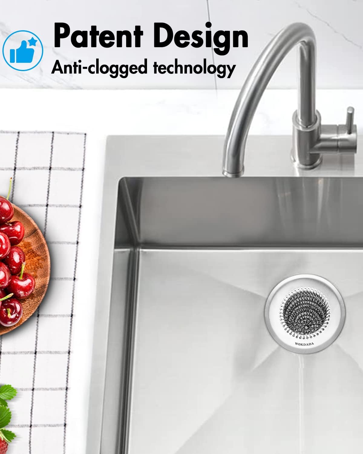Kitchen Sink Drain Strainer,Patented Reversible Chain Mesh Basket Anti-Clog | Revolutionary Sink Strainer，Easy Clean，Fast Drainage，304 Stainless Steel Rust-Proof，4.4" Large Capacity Food Catcher，Handmade