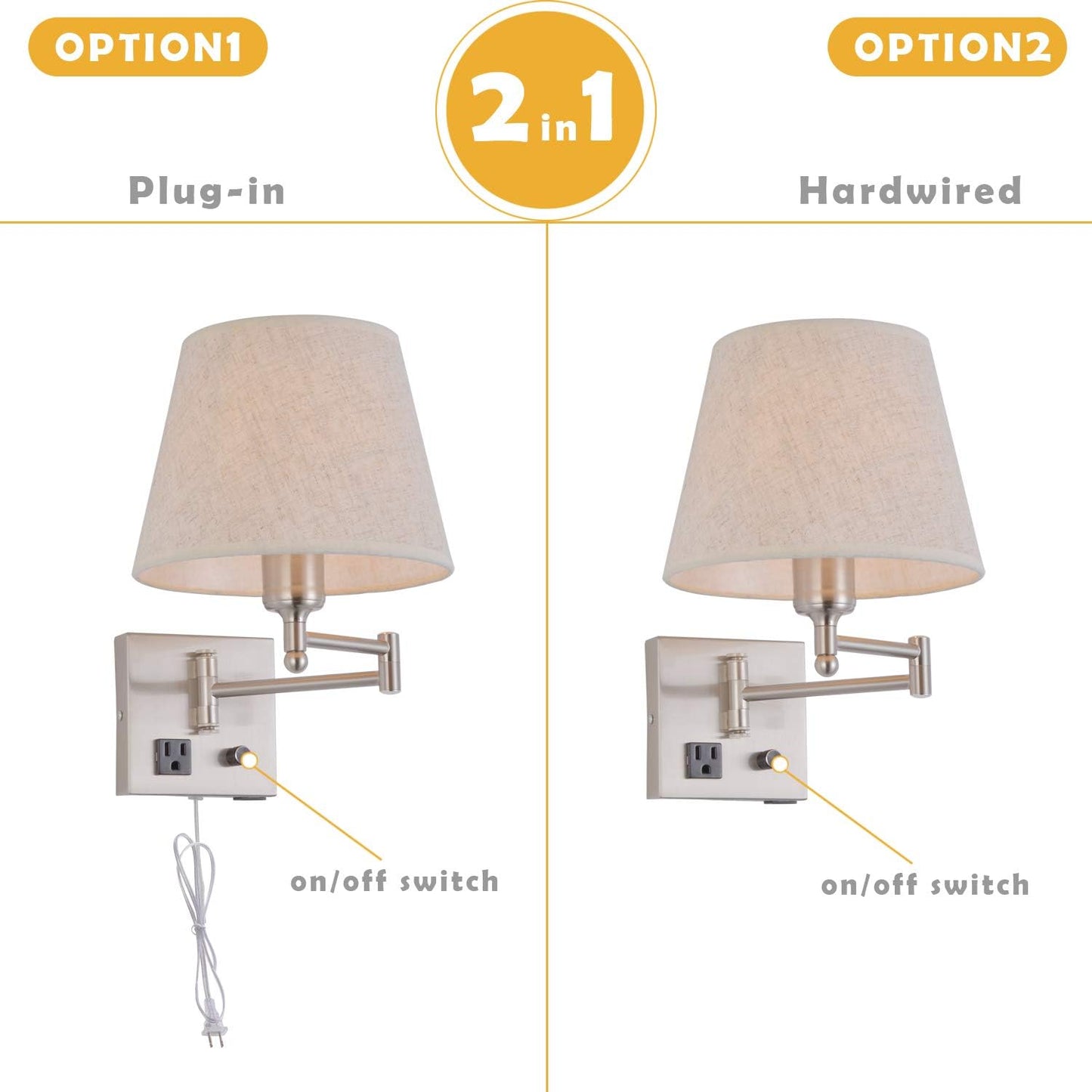 Bedside Wall Mount Light with Dimmable Switch and Outlet, Swing Arm Fabric Shade Wall Sconce Light with USB Port and Plug in Cord, Black Wall Lamp for Bedroom, Living Room and Hotel