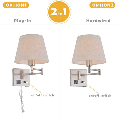 Bedside Wall Mount Light with Dimmable Switch and Outlet, Swing Arm Fabric Shade Wall Sconce Light with USB Port and Plug in Cord, Black Wall Lamp for Bedroom, Living Room and Hotel