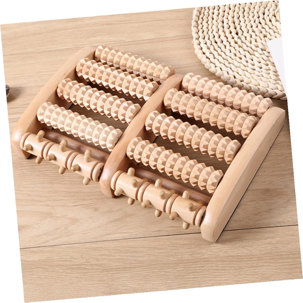 Wooden Dual Foot Massager Roller with Five Row Beads for Feet