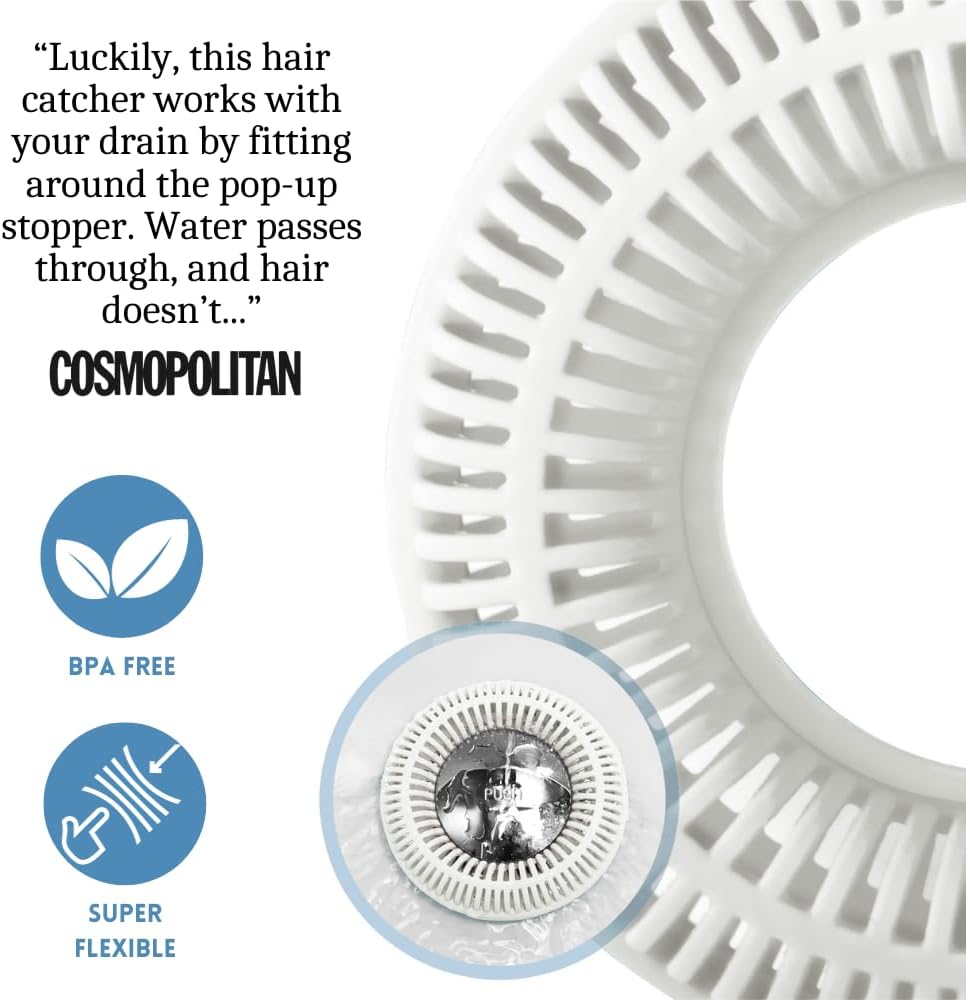 TubRing Pop-Up Drain Protector & Strainer Silicone Hair Catcher, Aqua | Easy snap-in design fits around bathtub stoppers. Customizable utility guard for clog prevention. Fits 1.85"- 2.16" drains.