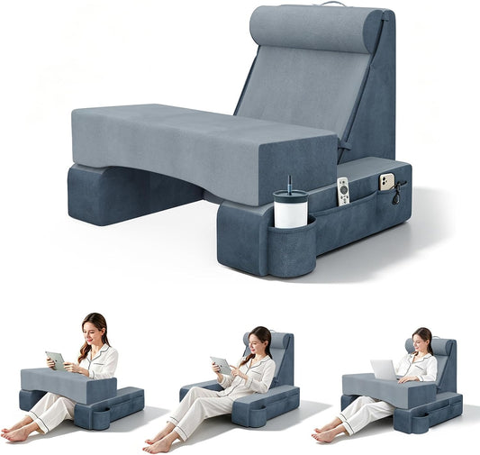 COZEER 3‑in‑1 Reading Pillow for Bed with Sponge Lap Desk & Lumbar Support | Adjustable Lumbar Support & Headrest, Dual-Side Zoned Storage, Detachable Armrest Design for Reading Gaming Home Office