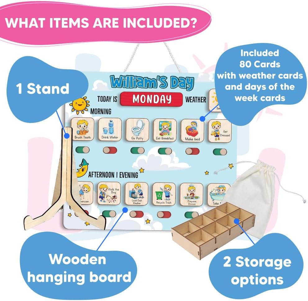 Wooden Chore Chart for Kids, Wooden Daily Routine Chart for Kids, Visual Schedule for Kids, Chore Reward Chart, Bedtime Morning Routine Chart for Toddlers