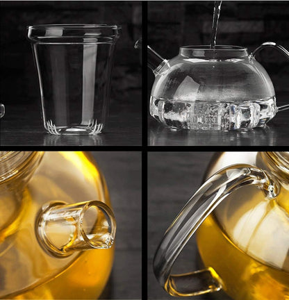 Glass Filtering Tea Maker Teapot with a Warmer and 6 Double-walled Tea Cups Set (Heating base, Standard)