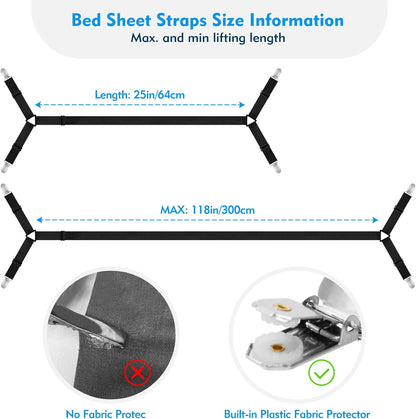 Bed Sheet Straps, 2Pcs Elastic Adjustable Bed Sheet Holder Straps, Fitted Sheet Straps to Hold Sheets in Place with Metal Clips, Sheet Holders for Mattress Cover, Sheet, Sofa Cushion (Black)