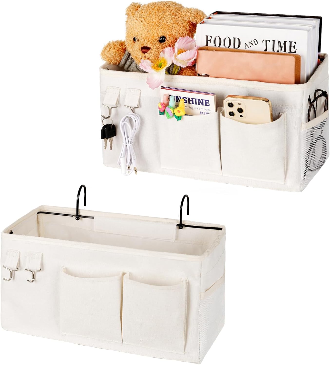 Bedside Caddy Organizer Hanging Storage Bag Bunk Bed White | Bed Caddy with Magazine Water Bottle Phone Holder for College Dorm and Hospital Beds