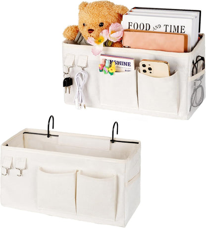 Bedside Caddy Organizer Hanging Storage Bag Bunk Bed White | Bed Caddy with Magazine Water Bottle Phone Holder for College Dorm and Hospital Beds