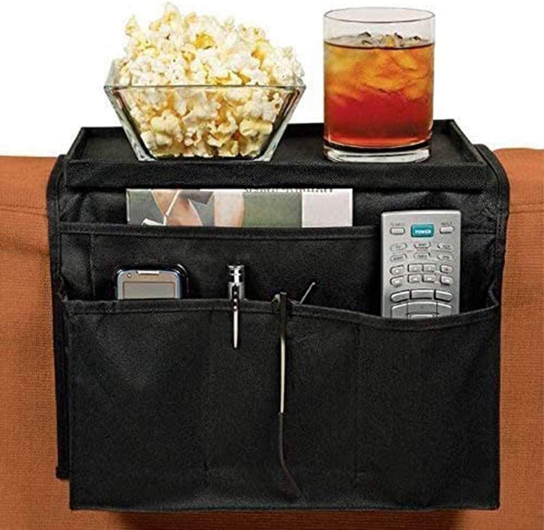 Sofa Armrest Organizer, Couch TV Remote Storage Organizer with Pockets for Recliner Armchair Snacks Glasses Smartphone Magazines Pouch (Black)
