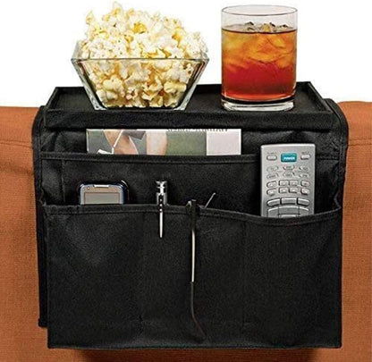 Sofa Armrest Organizer, Couch TV Remote Storage Organizer with Pockets for Recliner Armchair Snacks Glasses Smartphone Magazines Pouch (Black)