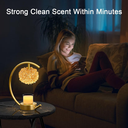 Yeuslor Gold Candle Warmer Lamp for Jar Candles with Adjustable Brightness＆Timer，Handcrafted Crystal＆Wooden Base, Luxurious Design,Home Decoration Electric Candle lamp(C-Shaped)