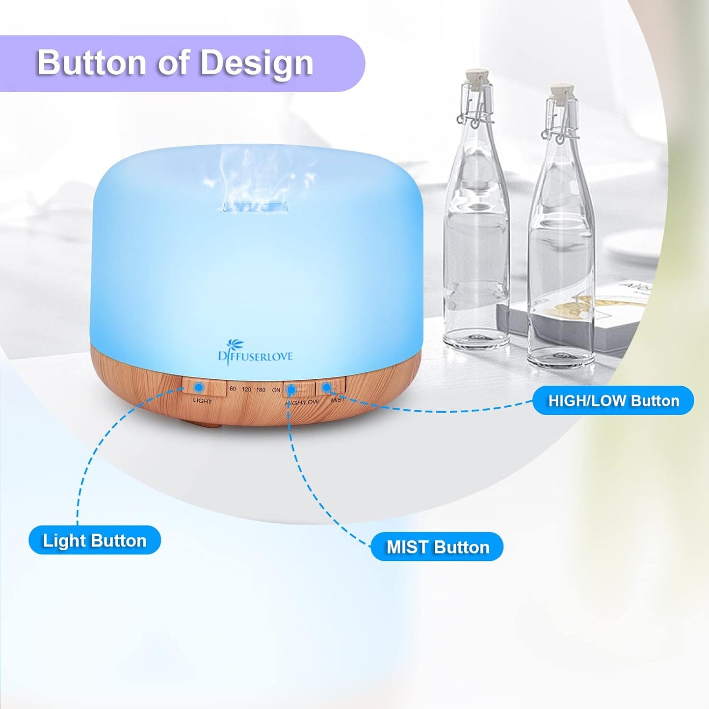 Diffuserlove Essential Oil Diffuser 500ML Aromatherapy Diffuser Mist Humidifiers 7 Color LED Lights Diffusers for Home Office Bedroom (Size:6.7" L x 6.7" W x 4.7" H)