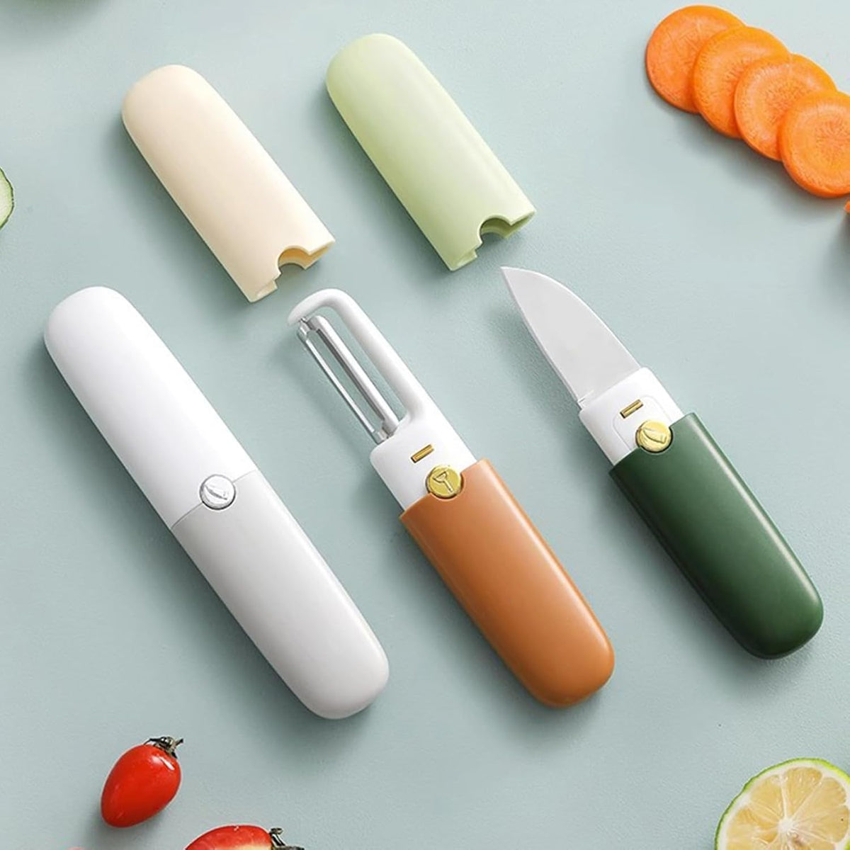 2 in 1 Vegetable Peeler and Knife Set, Double Head Peeling Knife Stainless Steel Potato Peeler with Safety Cover for Kitchen (Gray)