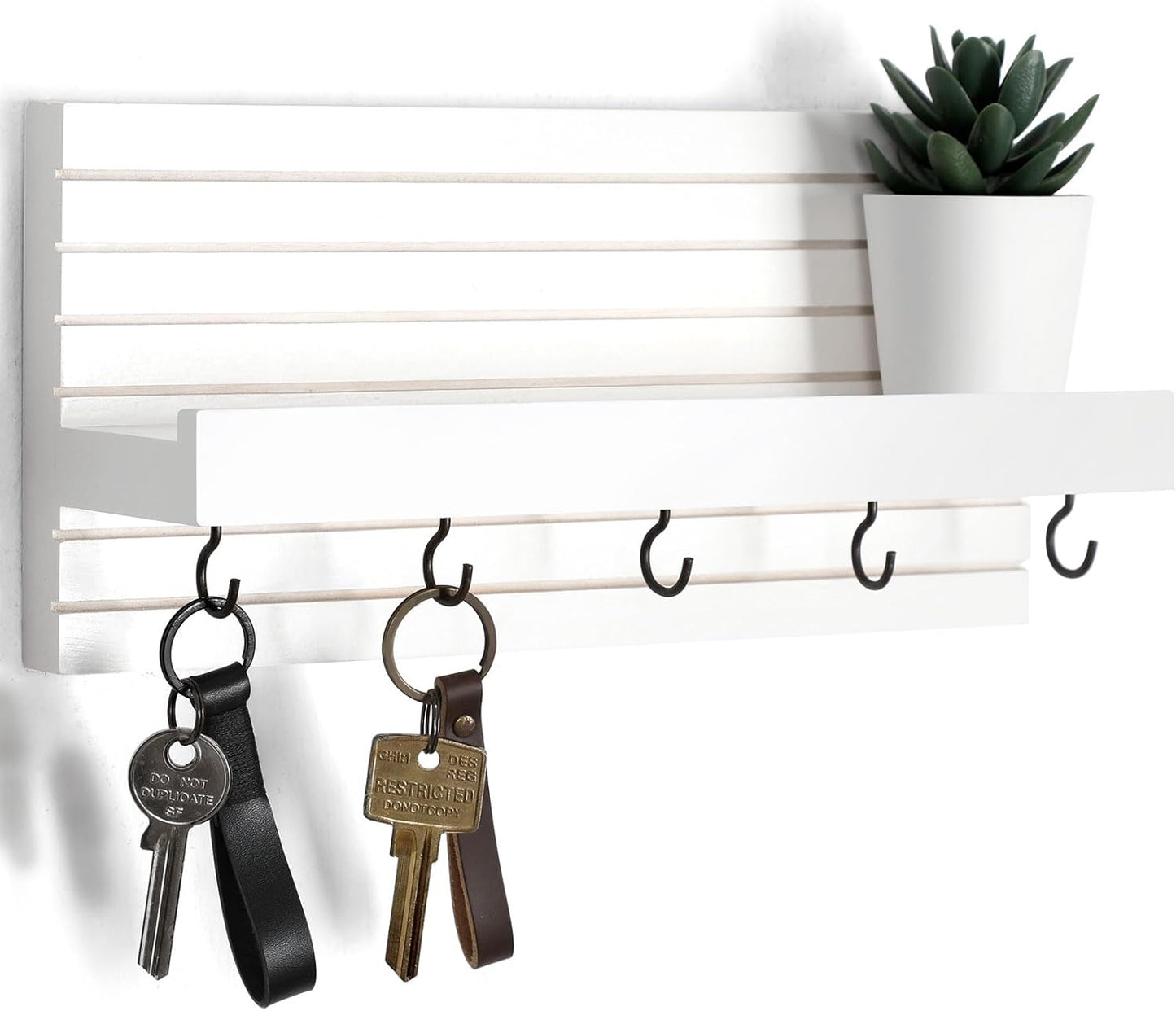 Lwenki Decorative Key Holder for Wall with Shelf, Entryway Shelf with Hooks Holds Leashes, Jackets and Glasses – Sturdy Wood Keyholder Entrance Hanger with Mounting Hardware (Black, Medium)