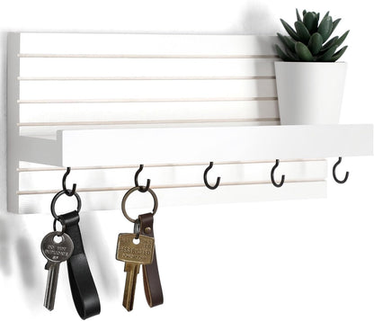 Lwenki Decorative Key Holder for Wall with Shelf, Entryway Shelf with Hooks Holds Leashes, Jackets and Glasses – Sturdy Wood Keyholder Entrance Hanger with Mounting Hardware (Black, Medium)