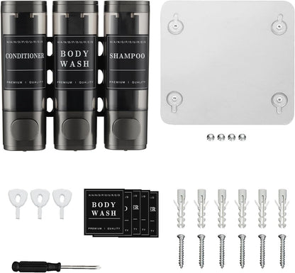 Shampoo and Conditioner Dispenser,Shower Soap Dispenser 3 Chamber No Drill Wall-Mounted Shampoo Dispenser for Shower Wall Mounted Shower Dispenser for Bathroom Hotel Large Capacity,Black