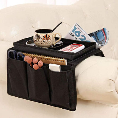 Sofa Armrest Organizer, Couch TV Remote Storage Organizer with Pockets for Recliner Armchair Snacks Glasses Smartphone Magazines Pouch (Black)