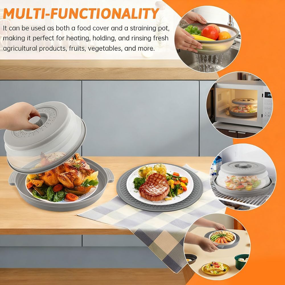 Collapsible Microwave Splatter Cover for Food with Base Mat,Silicone Microwave Plate Cover,Vented Silicone Splatter Guard Lid Vegetable Fruit Colander for Even Heatin(27 * 9.5cm,COLOR:Grey)