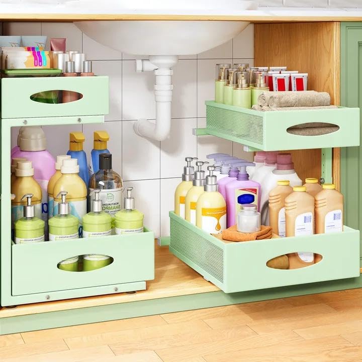 Under Sink Organizer, 2-Pack Pull Out Cabinet Organizer 2 Tier Metal Slide Out Storage Shelf Rack, L-Shaped Adjustable Height,Mesh Sliding Drawer for Kitchen, Bathroom, Laundry, Pantry, White, XL
