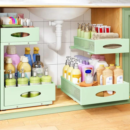 Under Sink Organizer, 2-Pack Pull Out Cabinet Organizer 2 Tier Metal Slide Out Storage Shelf Rack, L-Shaped Adjustable Height,Mesh Sliding Drawer for Kitchen, Bathroom, Laundry, Pantry, White, XL