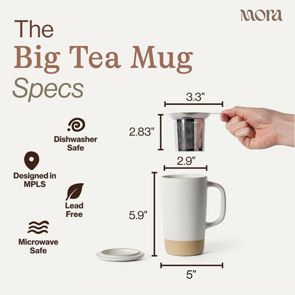 Mora Ceramics Large Tea Mug with Loose Leaf Infuser and Ceramic Lid, 18 oz, Portable, Microwave and Dishwasher Safe, Tall Coffee Cup - Rustic Matte Ceramic Glaze, Modern Herbal Tea Strainer, Olive