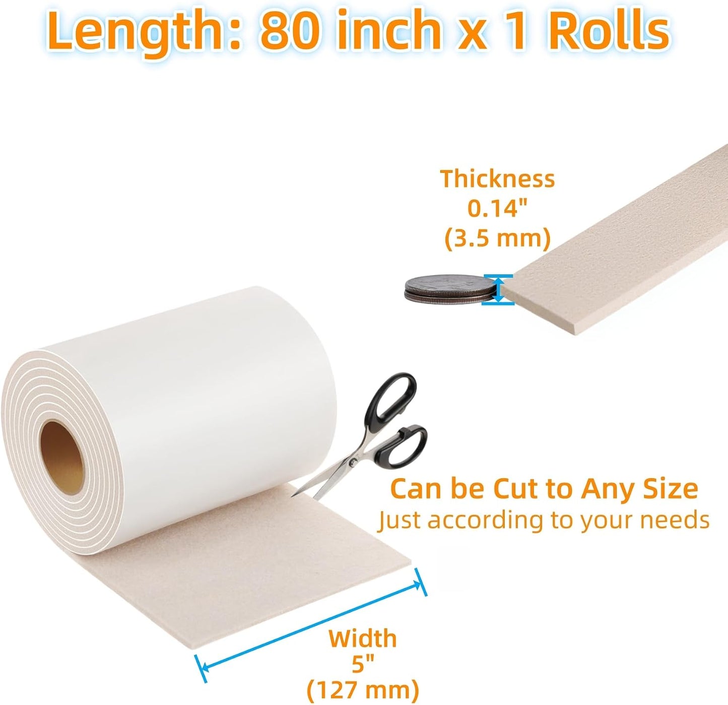 Felt Strips with Adhesive Backing Heavy Duty Cuttable Felt Tape Roll Furniture Pads for Chair Legs - Protecting Hardwood Floors, Chair Wall Protector (Black, 80 x 0.5 x 0.14 Inch)