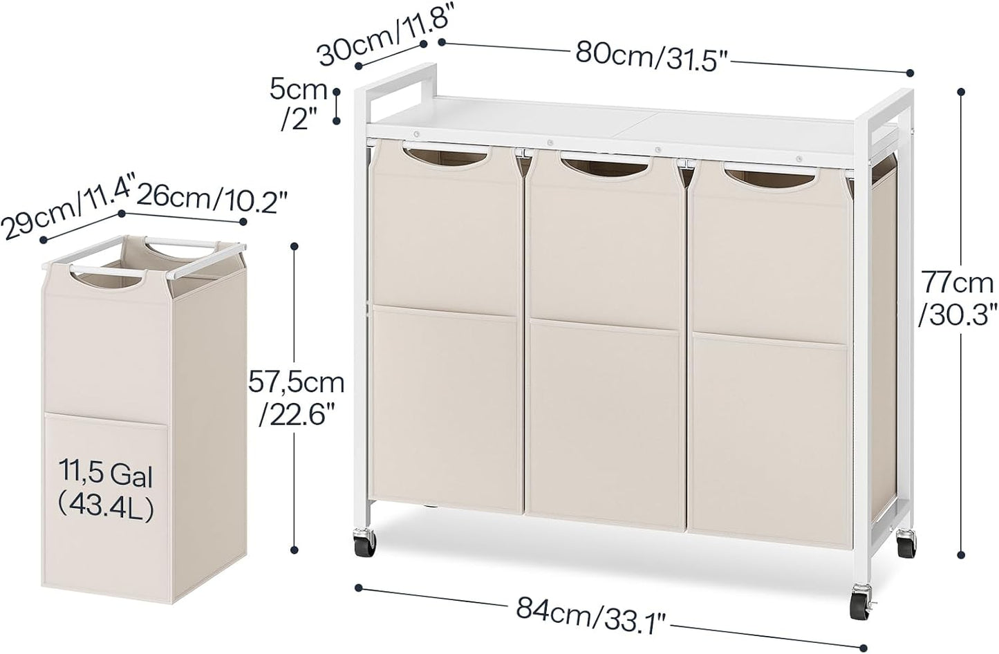 HOOBRO Laundry Sorter 3 Section, Laundry Hamper with Wheels, 3 × 11.5 Gal (43.4L), Rolling Laundry Basket, Pull-Out and Removable Oxford Fabric Laundry Bags, Rustic Brown and Grey BFG76XY01