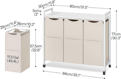 HOOBRO Laundry Sorter 3 Section, Laundry Hamper with Wheels, 3 × 11.5 Gal (43.4L), Rolling Laundry Basket, Pull-Out and Removable Oxford Fabric Laundry Bags, Rustic Brown and Grey BFG76XY01