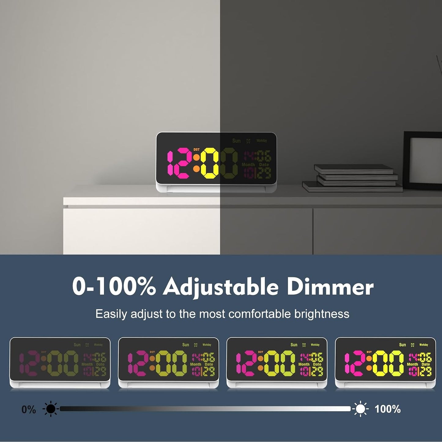 120db Super Loud Alarm Clock for Heavy Sleepers, Bluetooth Connection | 15 Wake Up Sounds, 7 Color Night Light, Dynamic RGB Color Changing, 0-100% Dimmer, Snooze, Digital Clock for Bedroom