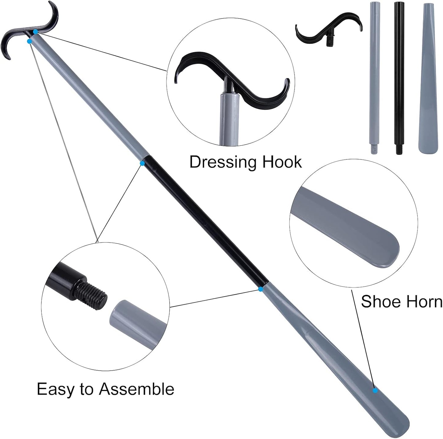 35" Long Dressing Stick with Shoe Horn with Sock Removal Tool, Adjustable Extended Dressing Aids for Shoes, Socks, Shirts and Pants