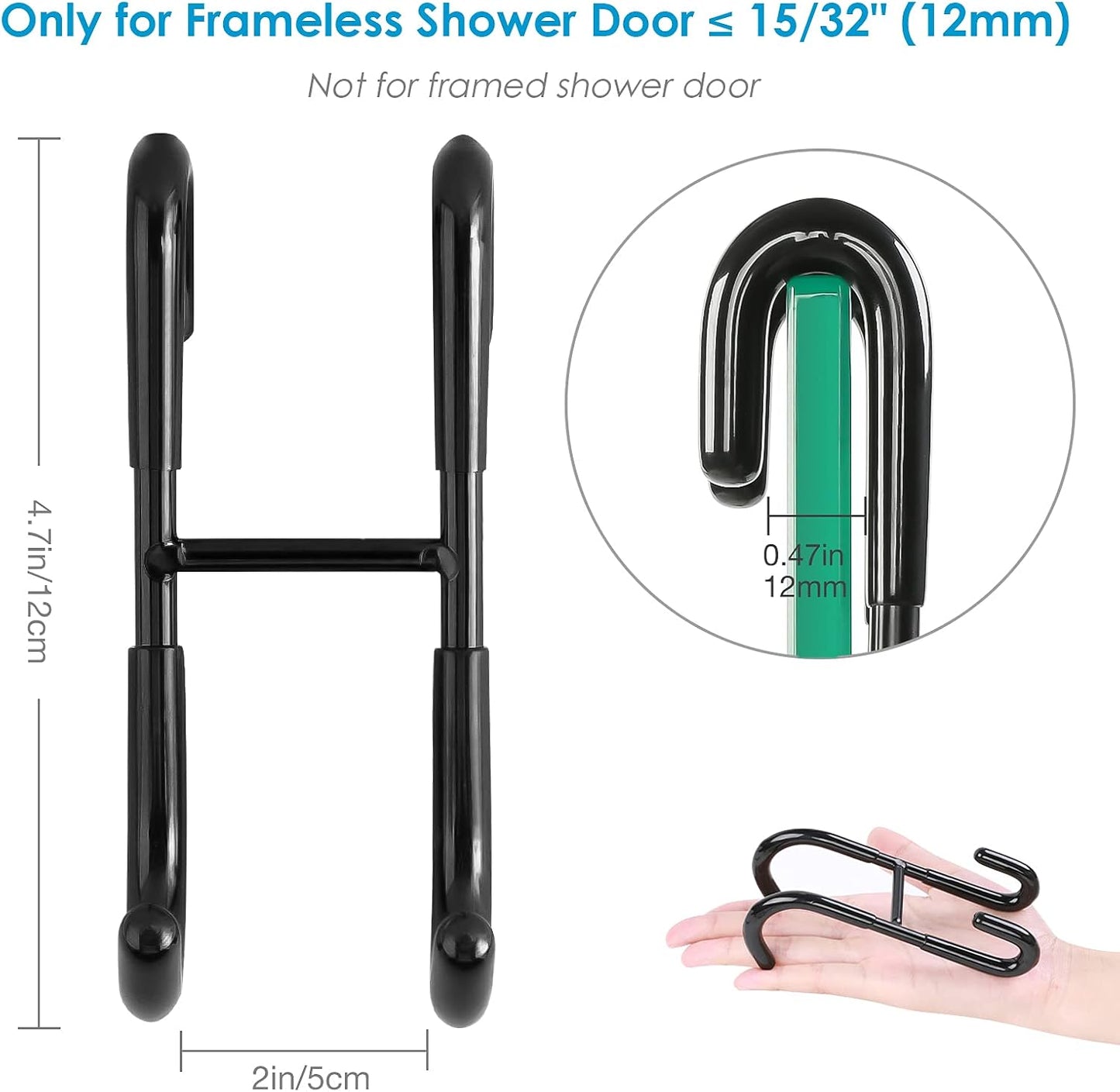 Shower Door Hooks (2-Pack), Towel Hooks for Bathroom Frameless Glass Squeegee Hooks, Black