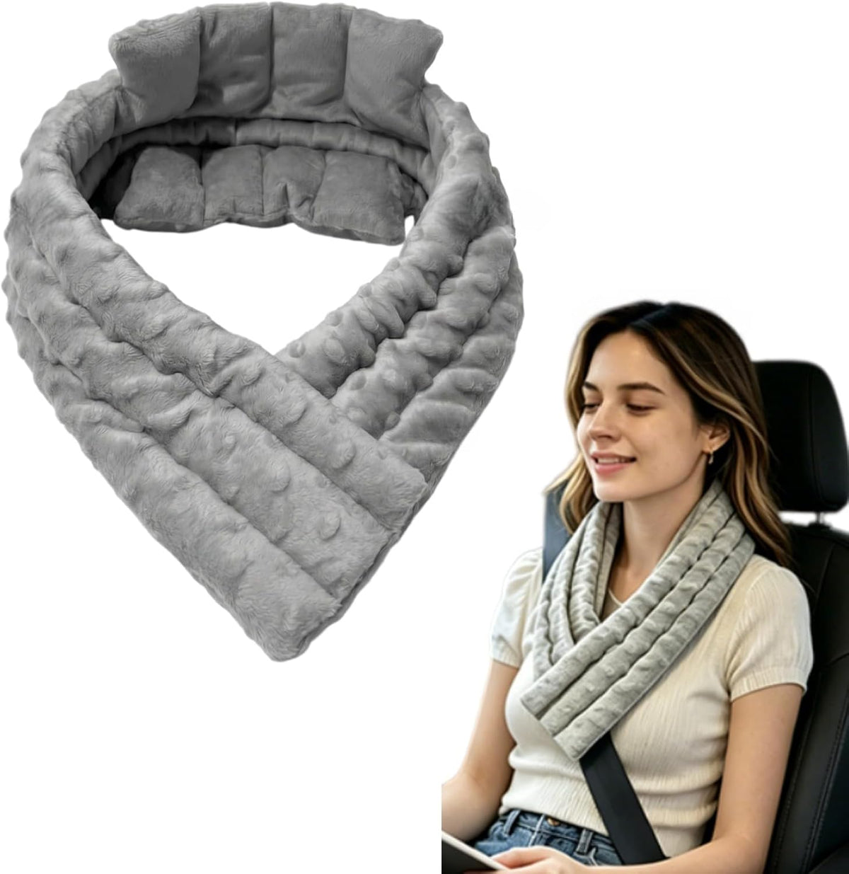 Microwavable Neck and Shoulder Heating Pad, Flaxseed Filled Hot and Cold Relief Wrap, Hook and Loop Adjustable Cervical Wrap for Neck Shoulder Back Comfort, Gray
