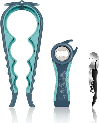 Jar Opener for Weak Hands, Seniors with Arthritis, 5 in 1 Multi Function Bottle Opener Lid Opener For Arthritic Hands with Corkscrew Wine Opener (blue)