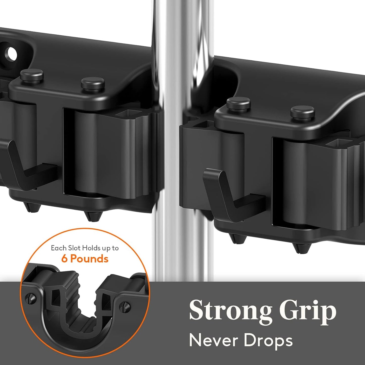 Lifewit Mop and Broom Holder Organzier Wall Hanging Mount, Black, 1 Pack | Anti-Slip Broom Storage for Cleaning Organizer, Easy Install Tool Hanging Rack with 5 slots & 6 hooks for Kitchen, Garage