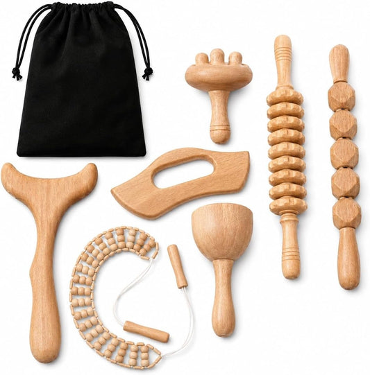 7-in-1ct, Wood Therapy Kit for Lymphatic Drainage, Maderoterapia Wooden Massager, Anti Cellulite Body Sculpting Roller, Body Contouring Tool for Waist, Legs & Back