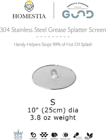 Homestia Splatter Screen for Frying Pan, 10 Inch Grease Splatter Guard | 304 Stainless Steel Ultra Fine Mesh Lids, Splatter Screen for Cooking, Rust-Free - No Oil Mess, No Burns, with Fold Flat Knob
