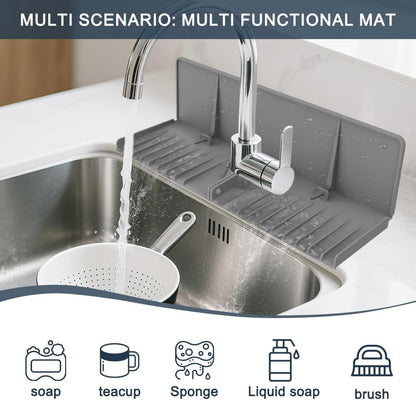 Silicone Sink Splash Guard Behind Faucet, Faucet Mat Backsplash Guard Black | Upgraded design, faucet mat for kitchen sink, drip catcher tray mat; dish soap sponge holder, kitchen counter bathroom sink
