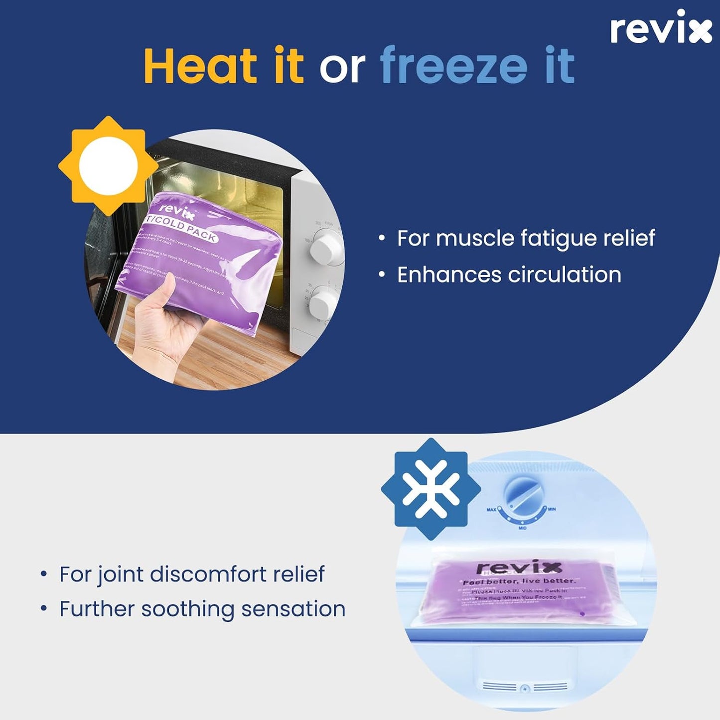 REVIX Ice Packs for Injuries Reusable, 2 Packs Hot & Cold Gel Ice Packs with PVC Cooling Design & Adjustable Strap, Flexible Therapy on Joints, Muscles, Shoulder, Back and Knee (10" x 5" Blue)