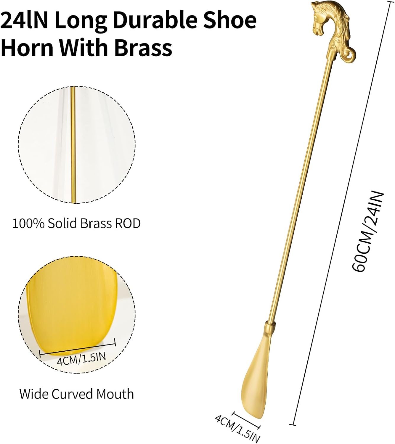 Shoe Horn Long Handle Brass Metal 24 inch ，Horse Head Decoration Shoe Horn for woman- Durable and Sturdy