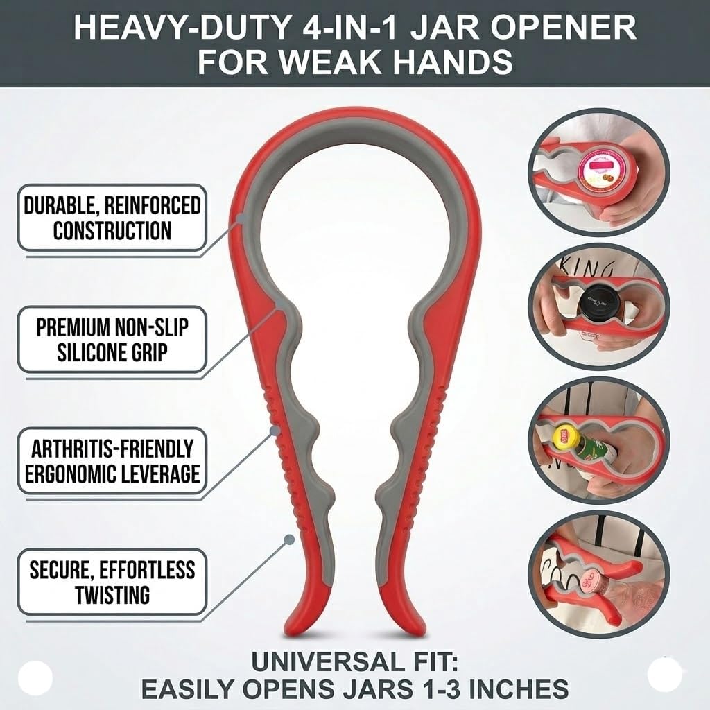 Jar Opener Bottle Opener for Weak Hands, Seniors with Arthritis 4PC-Set - Jar Lid, Can & Water Bottle Opener, Corkscrew Wine Opener, Non-Slip Rubber Jar Opener & Gripper Pad - Gifts for Parents