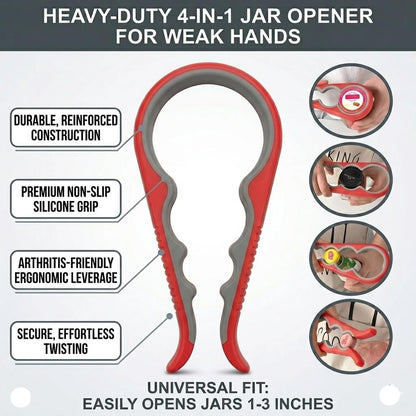 Jar Opener Bottle Opener for Weak Hands, Seniors with Arthritis 4PC-Set - Jar Lid, Can & Water Bottle Opener, Corkscrew Wine Opener, Non-Slip Rubber Jar Opener & Gripper Pad - Gifts for Parents