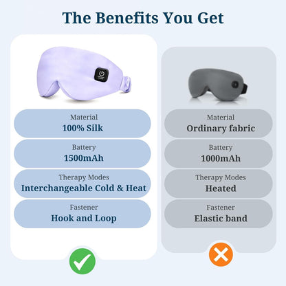 100% Silk Wireless Heated Eye Mask with Cooling & Washable Shells-Black